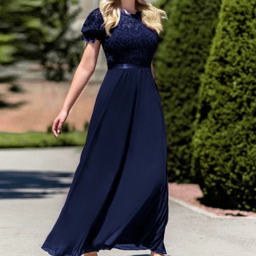Navy blue lace and chiffon dress
